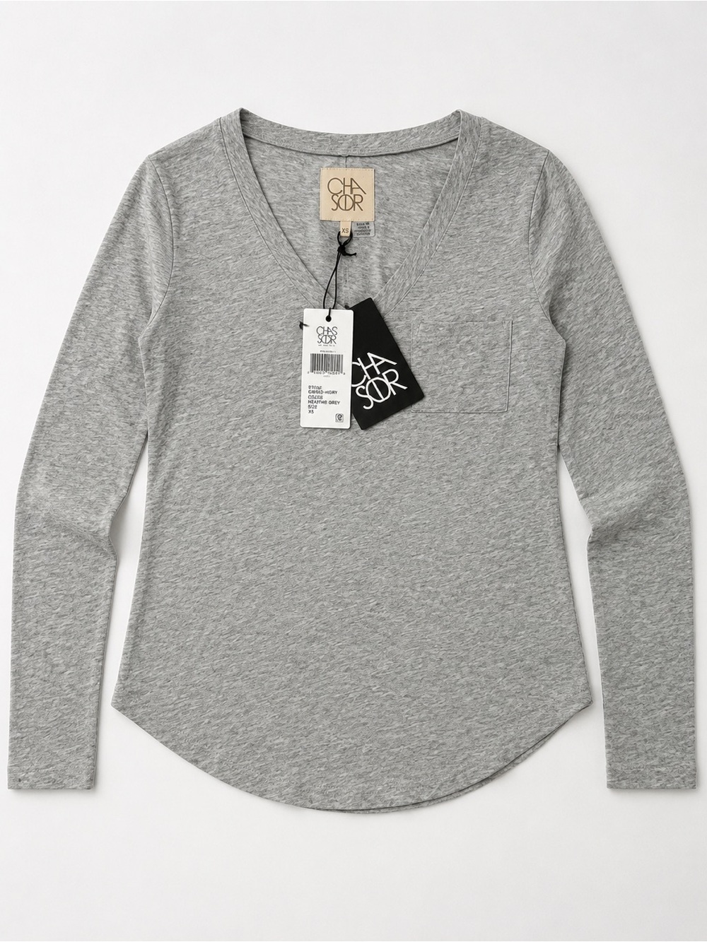 Chaser Heather Gray V-Neck Pocket Long Sleeve Tee 100% Cotton NWT XS